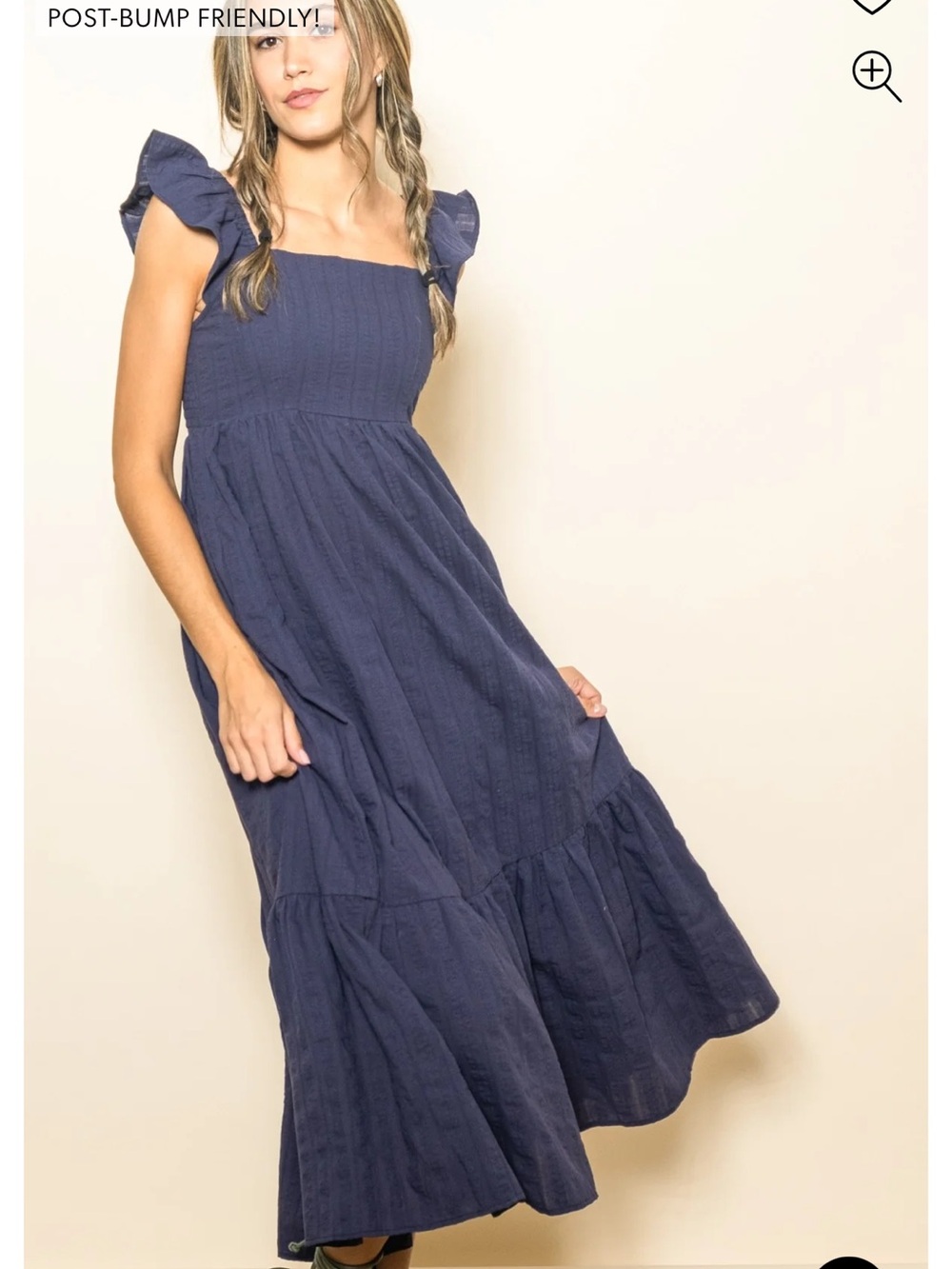Pinkblush Navy Blue Textured Cotton Ruffle Strap Maternity Midi Dress